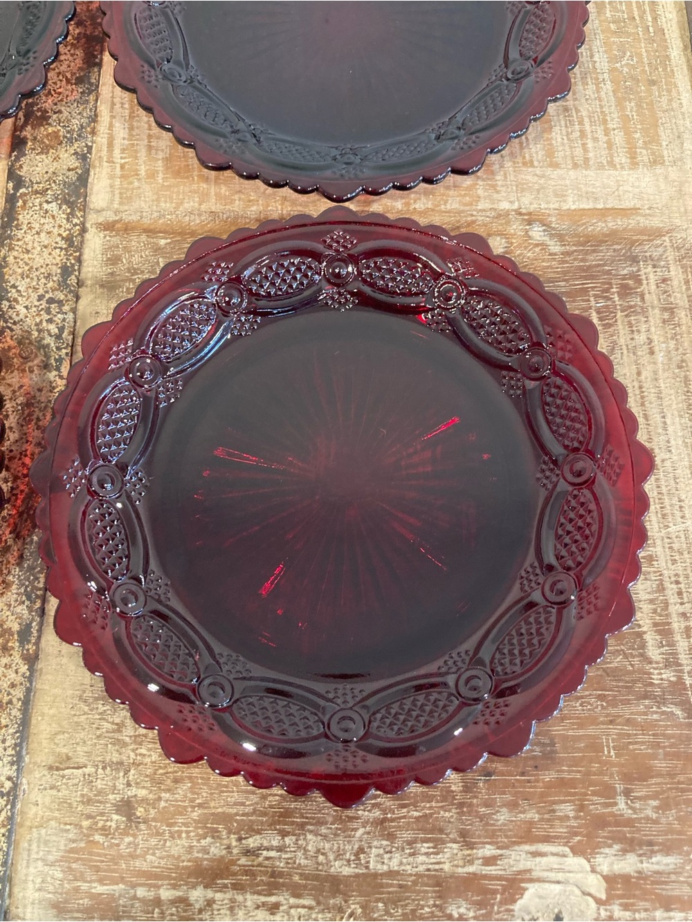 4 Avon Ruby Red Glass Luncheon Salad Dessert Plates 1876 Cape Cod Sunburst Back - Picture 8 of 16